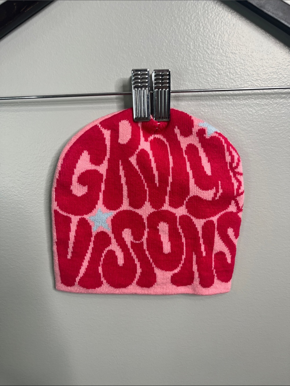 Pink Y2K Knit Beanie – “GRUTY VISIONS” Graphic + Spiderweb Design